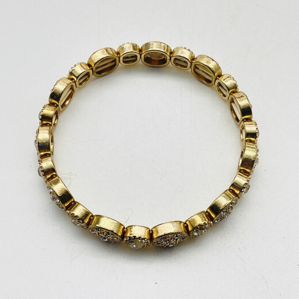 Rhinestone Encrusted Disc Stretch Bracelet Gold Tone Glam Bling Sparkle Holiday - Picture 2 of 6